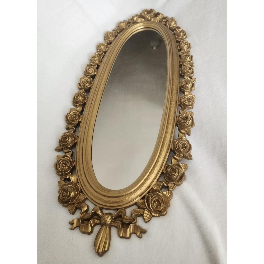 Hollywood Regency Gold Oval Wall Mirror Syroco 2324 Floral Roses 25 X 10"